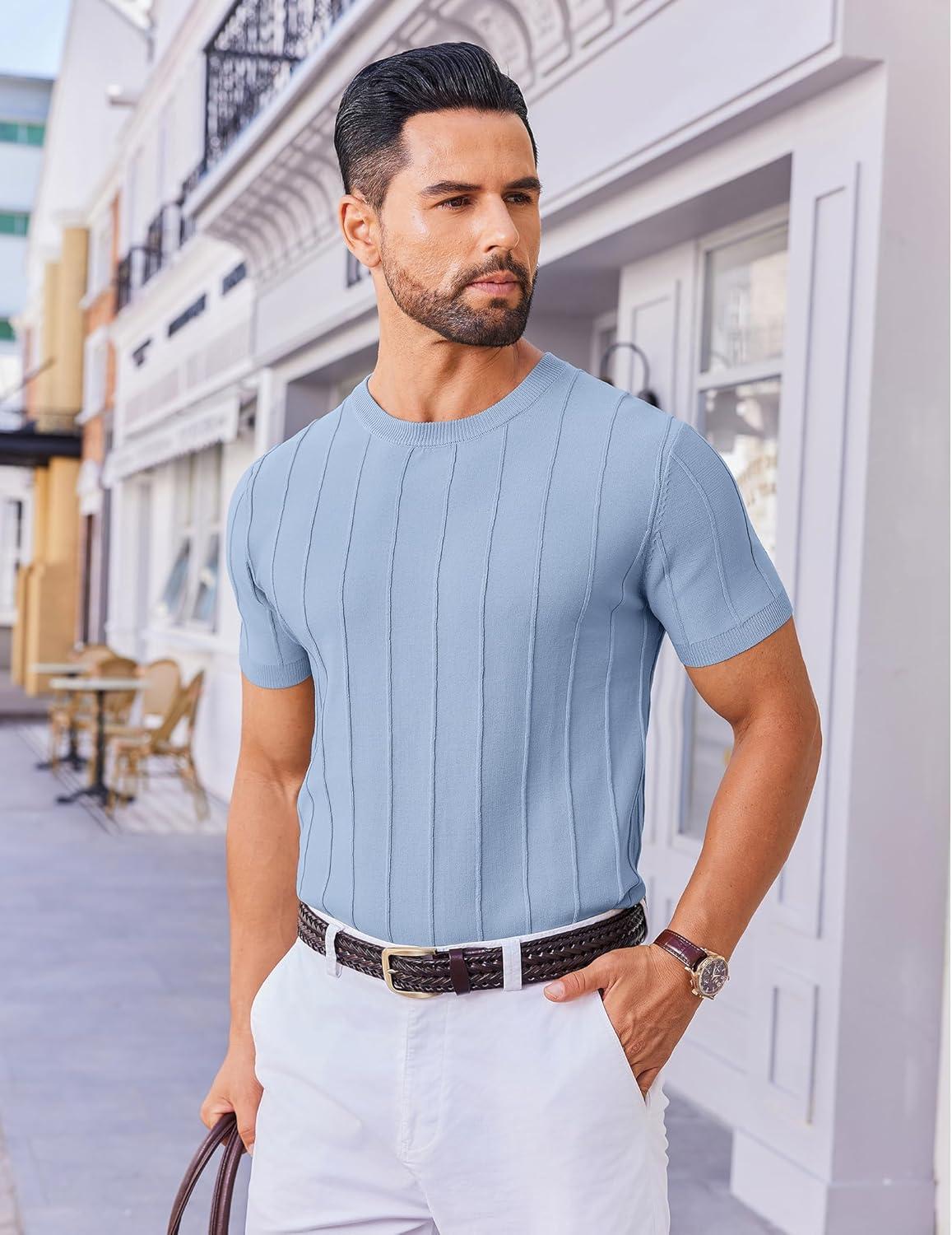 imageCOOFANDY Mens T Shirts Short Sleeve Knit Sweater Shirt Casual Crewneck Ribbed Pullover TeesDenim Blue