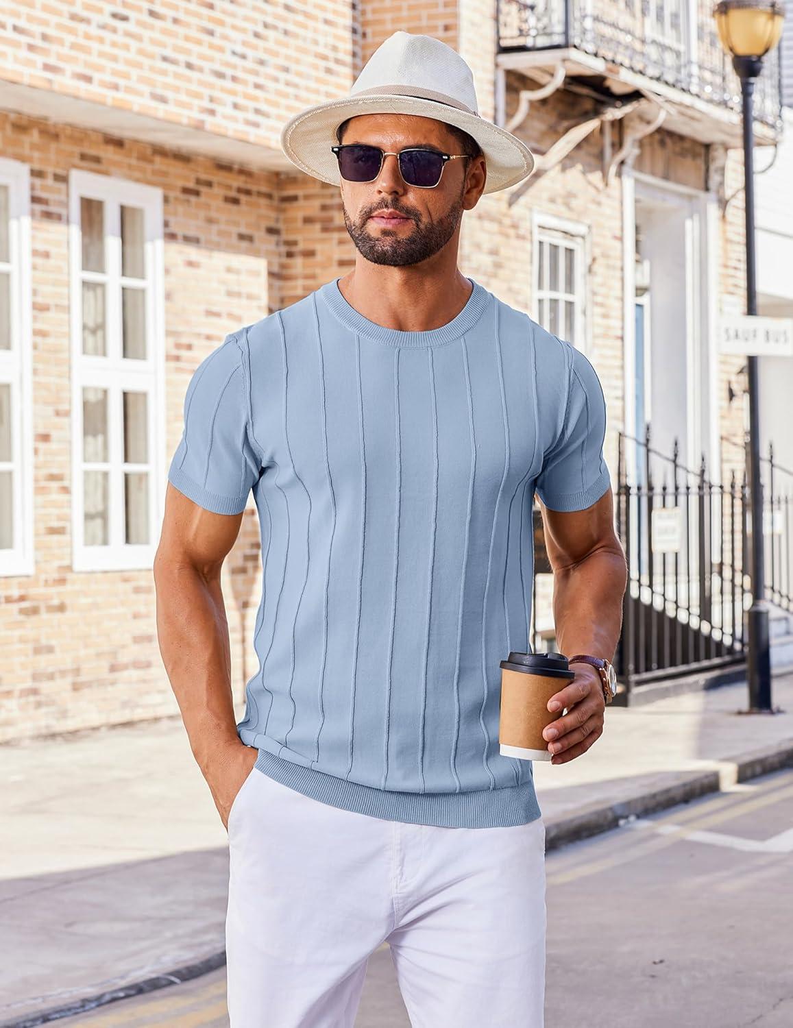 imageCOOFANDY Mens T Shirts Short Sleeve Knit Sweater Shirt Casual Crewneck Ribbed Pullover TeesDenim Blue