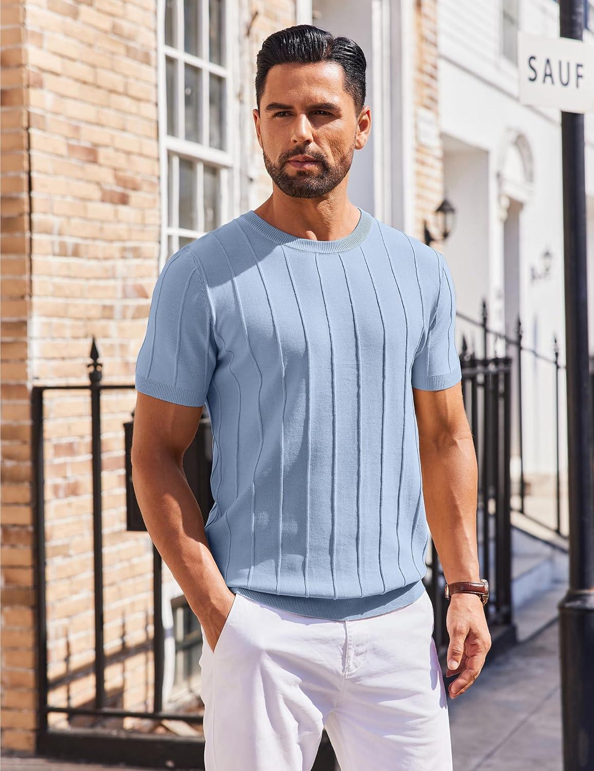 imageCOOFANDY Mens T Shirts Short Sleeve Knit Sweater Shirt Casual Crewneck Ribbed Pullover TeesDenim Blue