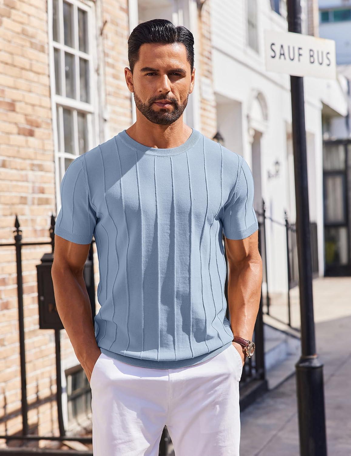 imageCOOFANDY Mens T Shirts Short Sleeve Knit Sweater Shirt Casual Crewneck Ribbed Pullover TeesDenim Blue