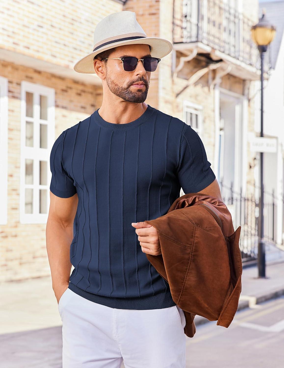 imageCOOFANDY Mens T Shirts Short Sleeve Knit Sweater Shirt Casual Crewneck Ribbed Pullover TeesNavy Blue