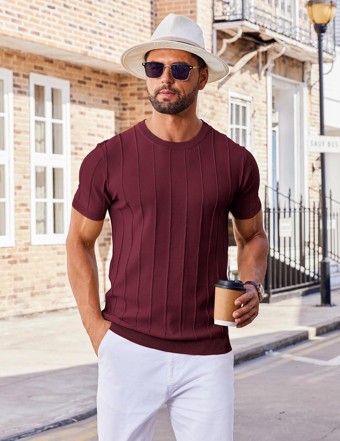 imageCOOFANDY Mens T Shirts Short Sleeve Knit Sweater Shirt Casual Crewneck Ribbed Pullover TeesWine Red