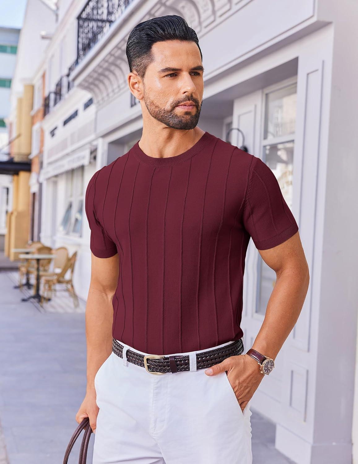imageCOOFANDY Mens T Shirts Short Sleeve Knit Sweater Shirt Casual Crewneck Ribbed Pullover TeesWine Red