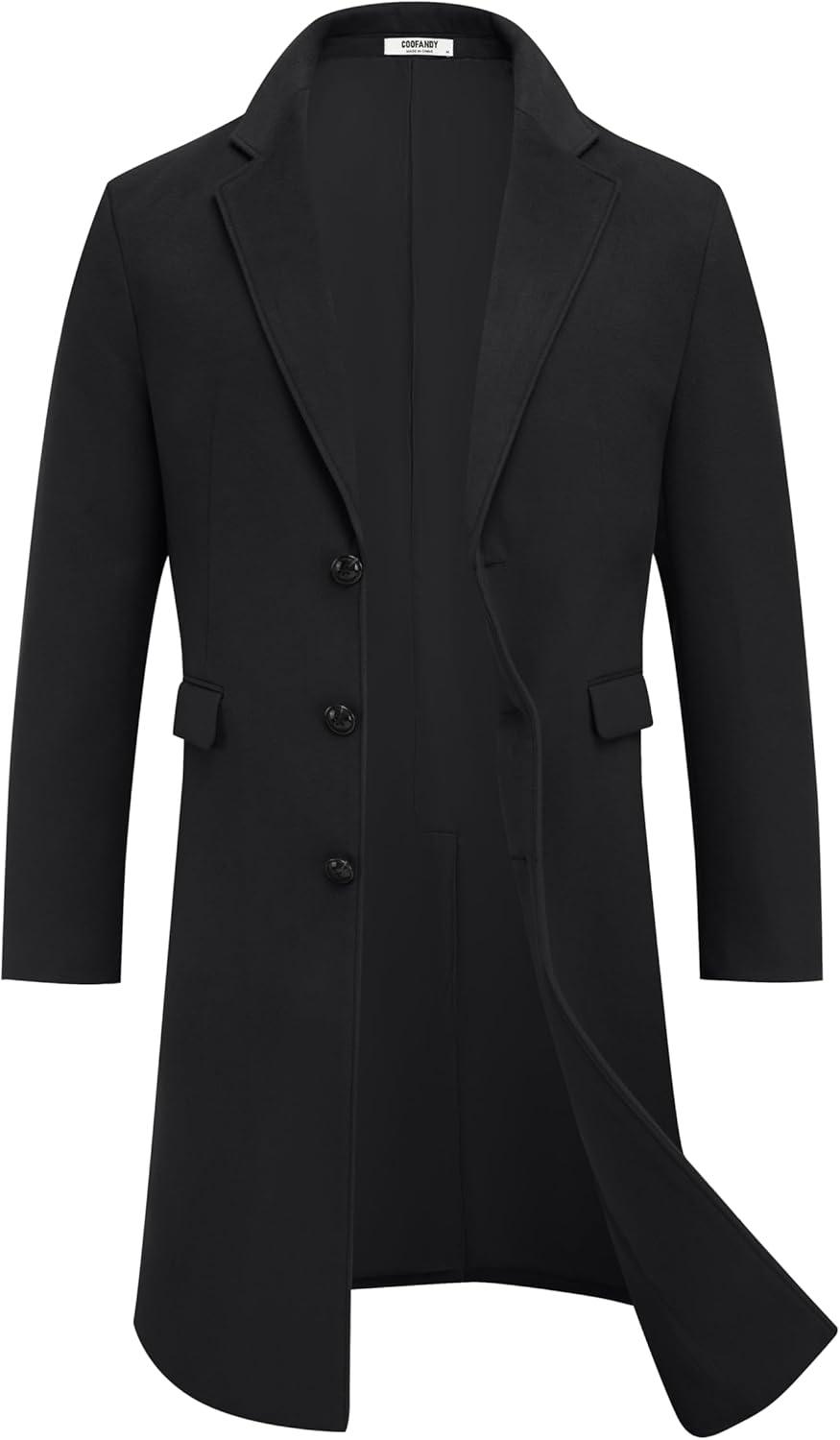 imageCOOFANDY Mens Trench Coat Long Casual Single Brested Overcoat Winter Notched Collar Wool Blend Pea coat With PocketsBlack