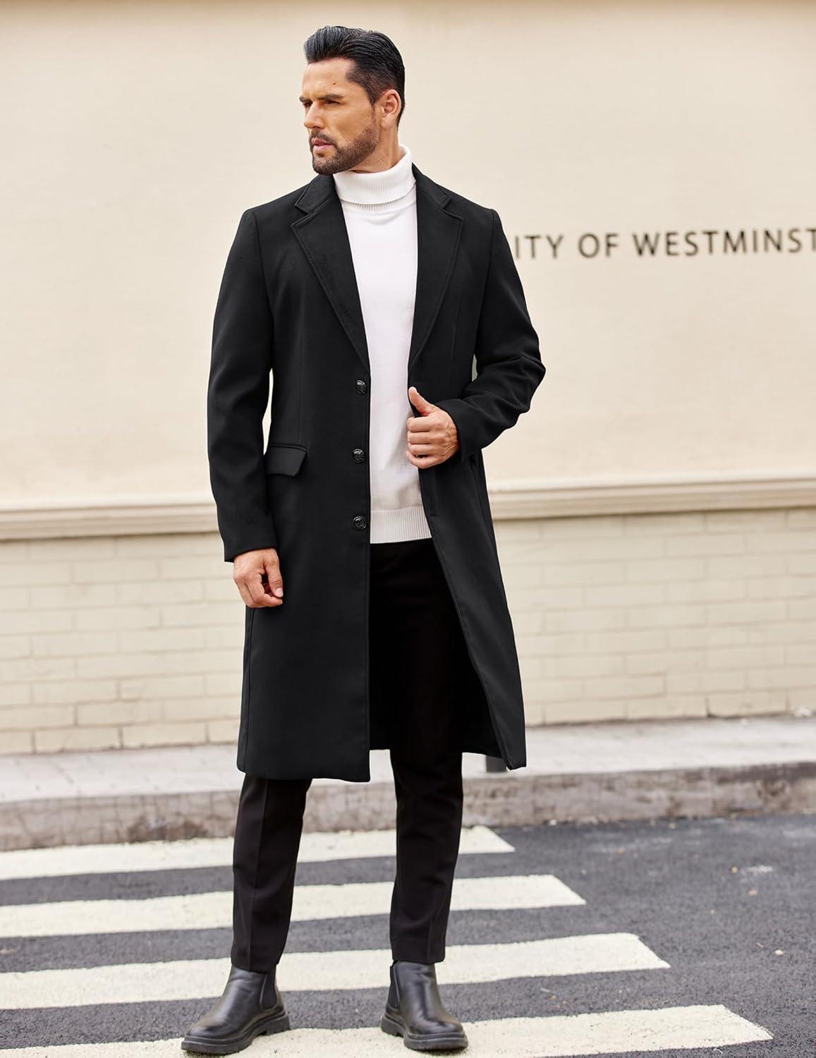 imageCOOFANDY Mens Trench Coat Long Casual Single Brested Overcoat Winter Notched Collar Wool Blend Pea coat With PocketsBlack