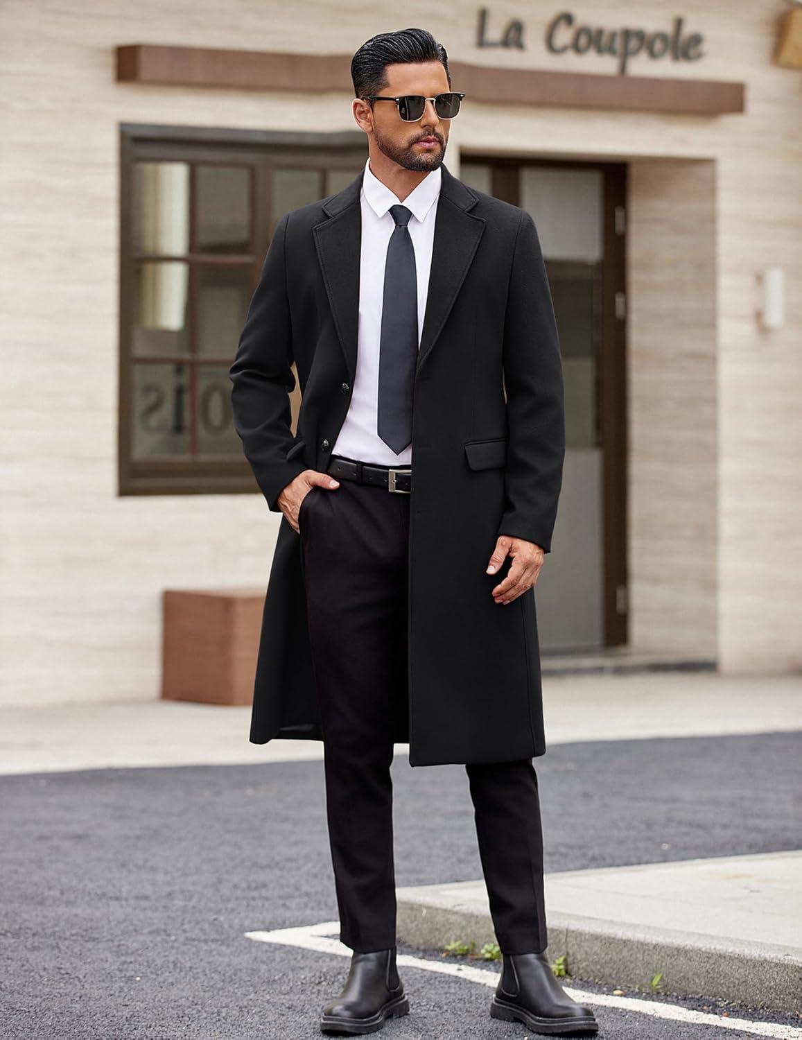 imageCOOFANDY Mens Trench Coat Long Casual Single Brested Overcoat Winter Notched Collar Wool Blend Pea coat With PocketsBlack