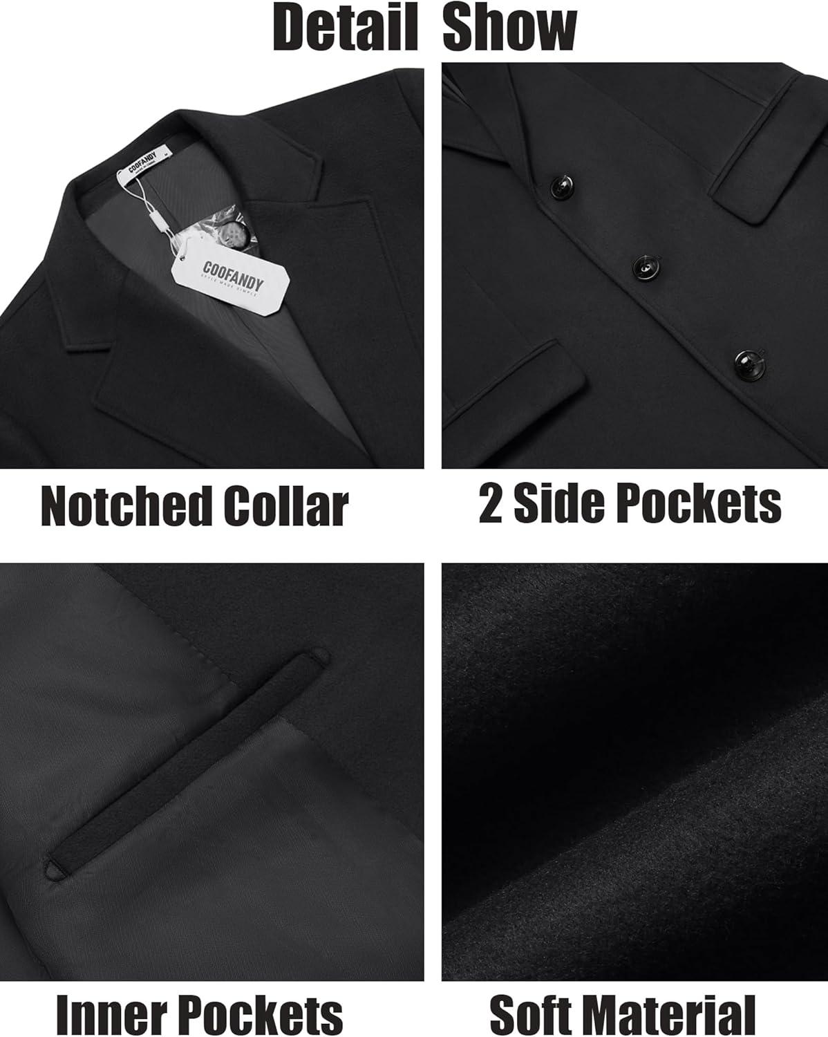 imageCOOFANDY Mens Trench Coat Long Casual Single Brested Overcoat Winter Notched Collar Wool Blend Pea coat With PocketsBlack