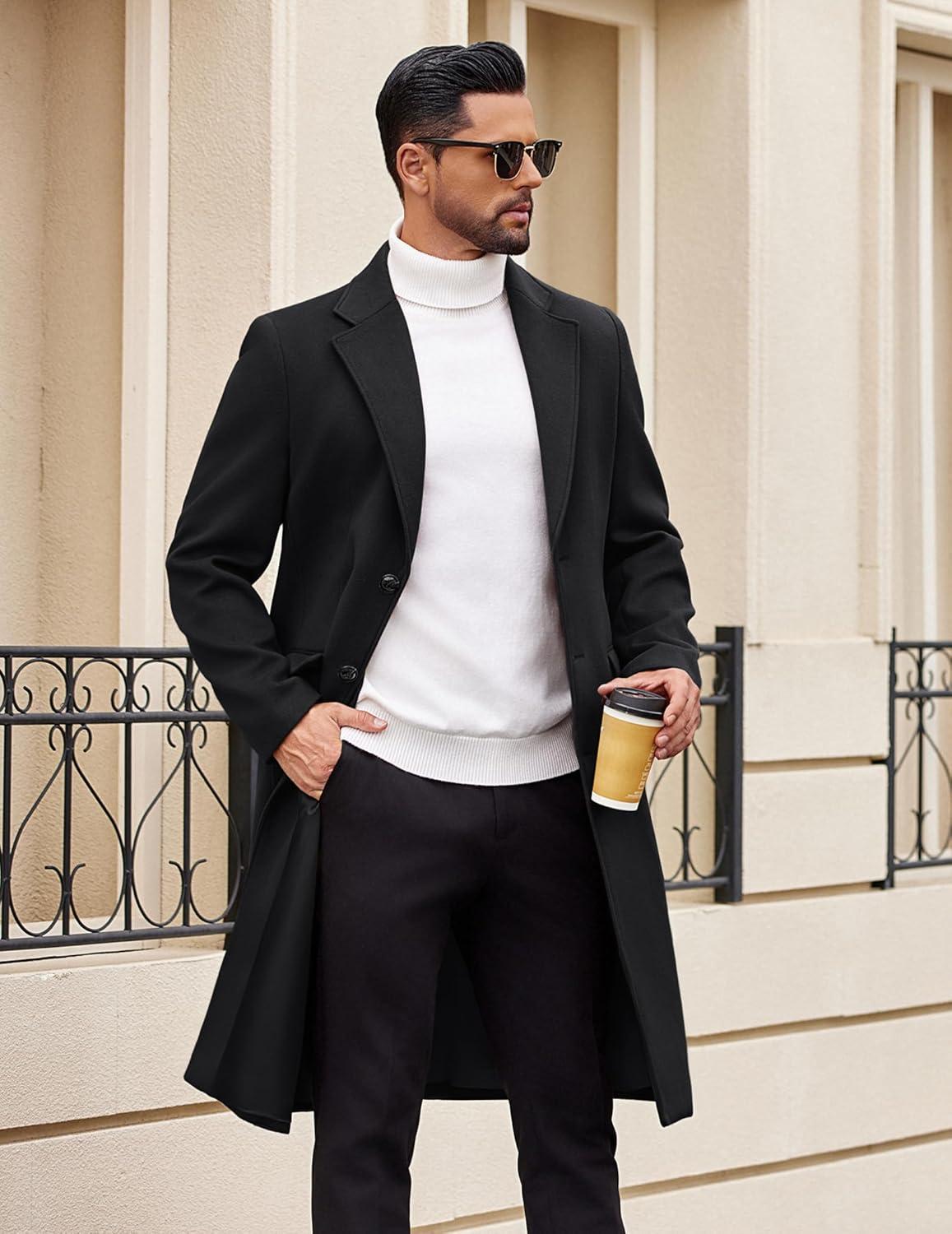 imageCOOFANDY Mens Trench Coat Long Casual Single Brested Overcoat Winter Notched Collar Wool Blend Pea coat With PocketsBlack