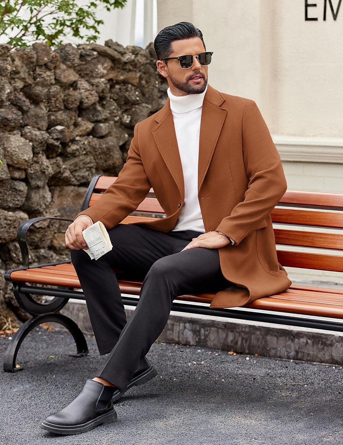 imageCOOFANDY Mens Trench Coat Long Casual Single Brested Overcoat Winter Notched Collar Wool Blend Pea coat With PocketsBrown