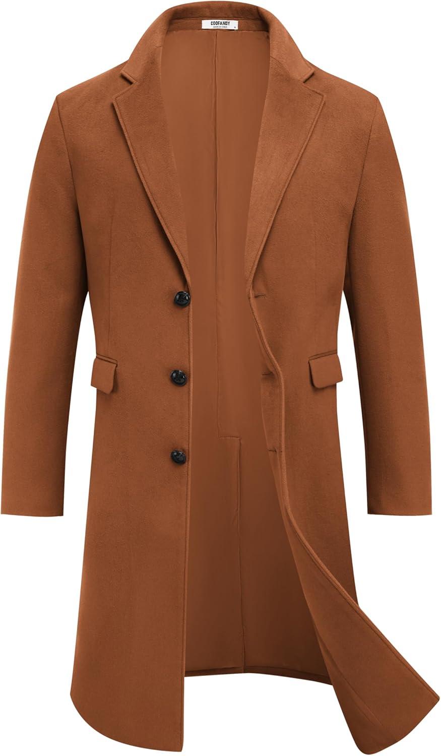 imageCOOFANDY Mens Trench Coat Long Casual Single Brested Overcoat Winter Notched Collar Wool Blend Pea coat With PocketsBrown