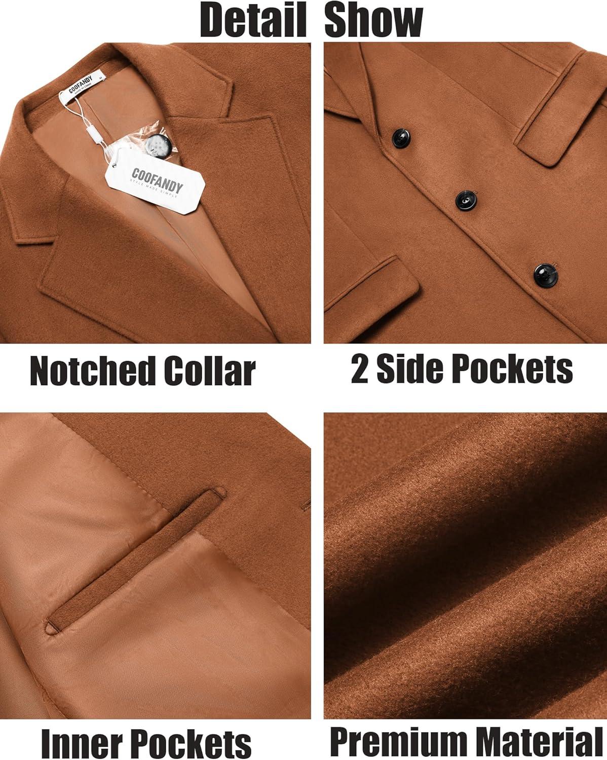 imageCOOFANDY Mens Trench Coat Long Casual Single Brested Overcoat Winter Notched Collar Wool Blend Pea coat With PocketsBrown