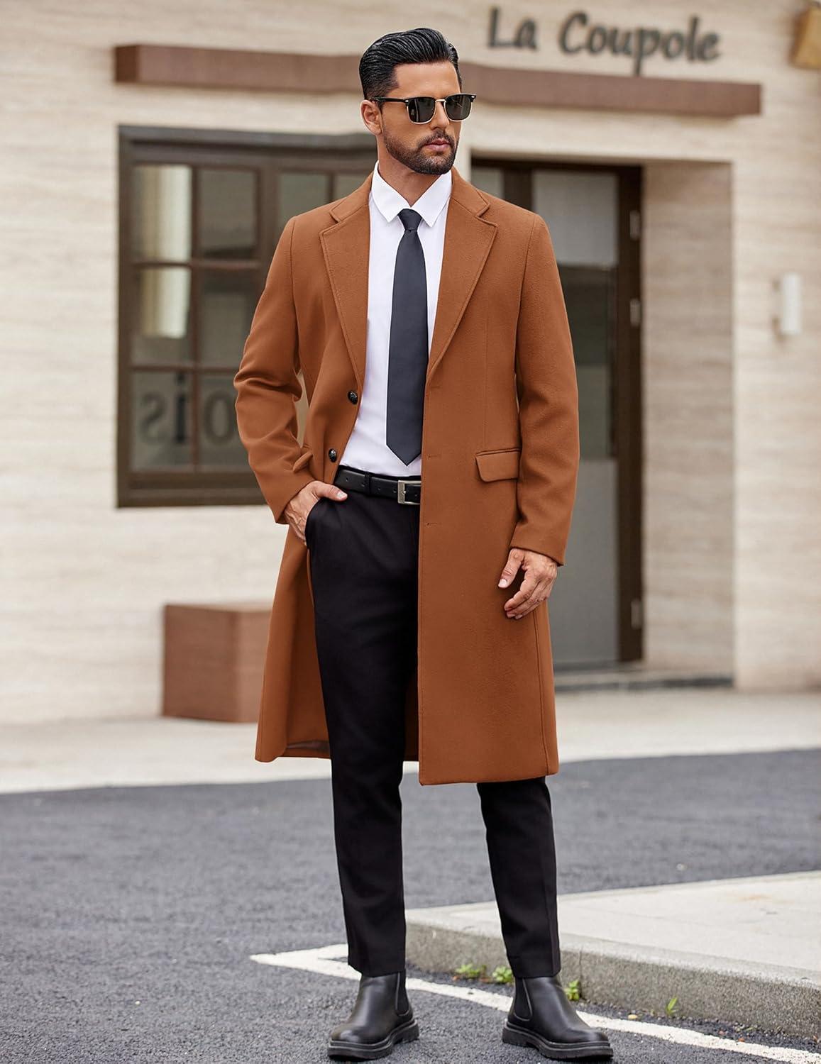 imageCOOFANDY Mens Trench Coat Long Casual Single Brested Overcoat Winter Notched Collar Wool Blend Pea coat With PocketsBrown