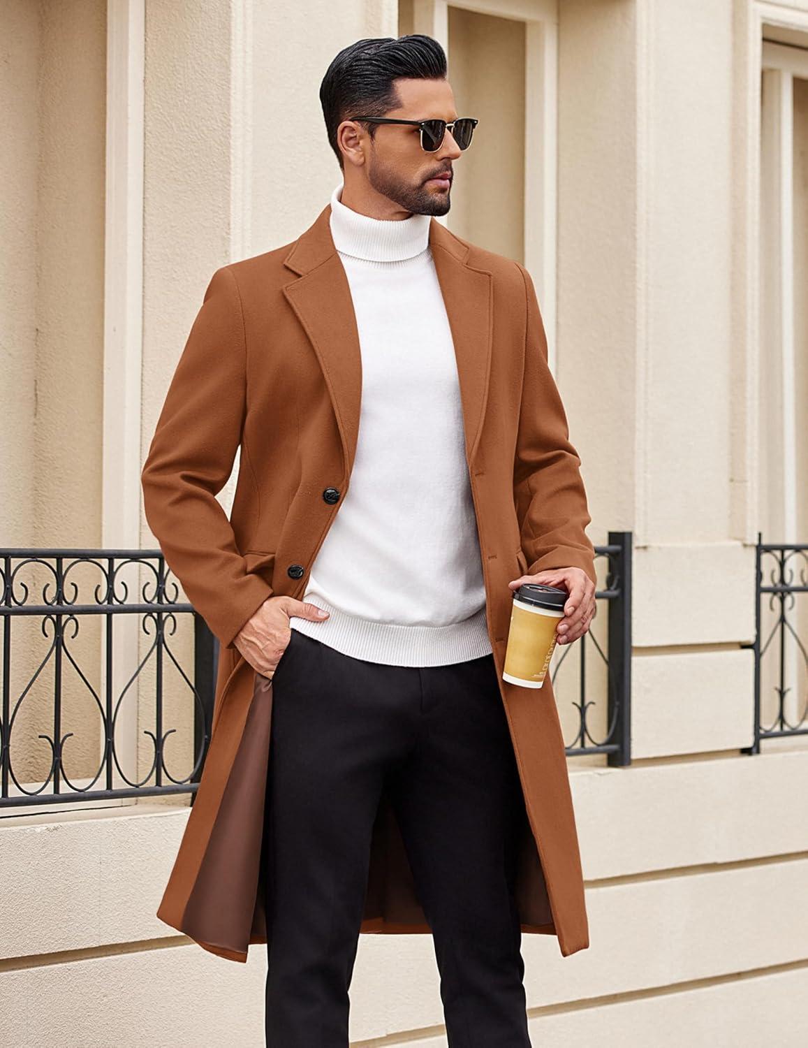 imageCOOFANDY Mens Trench Coat Long Casual Single Brested Overcoat Winter Notched Collar Wool Blend Pea coat With PocketsBrown