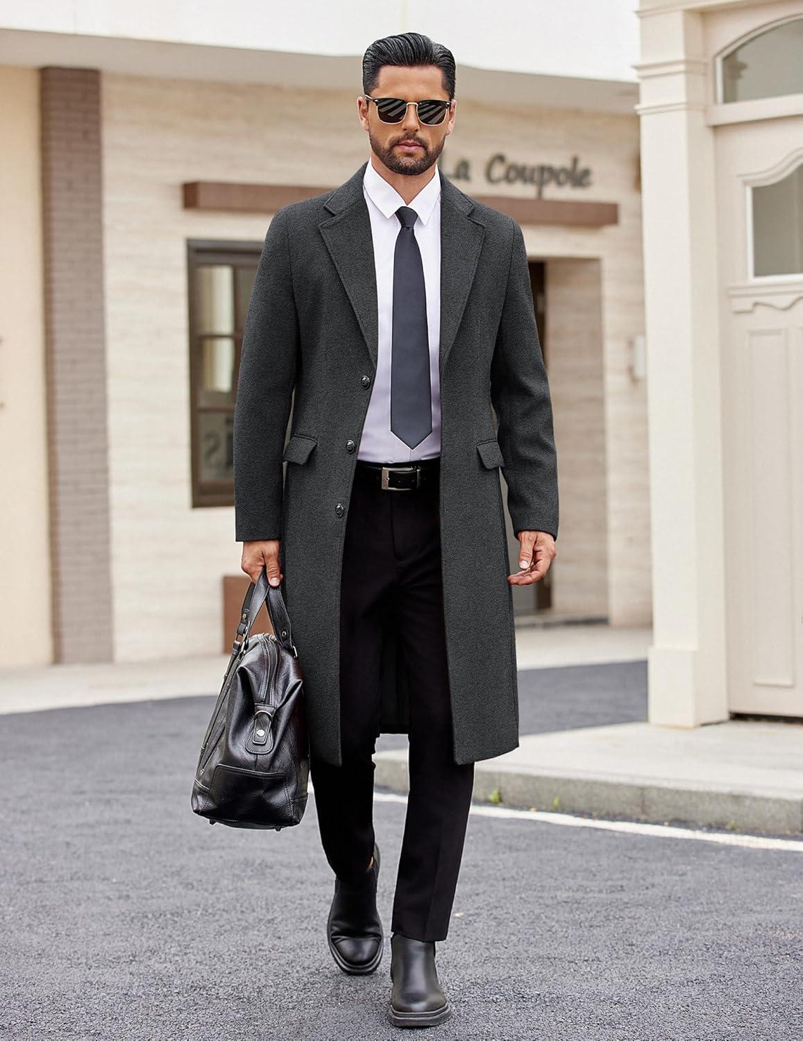 imageCOOFANDY Mens Trench Coat Long Casual Single Brested Overcoat Winter Notched Collar Wool Blend Pea coat With PocketsDark Grey