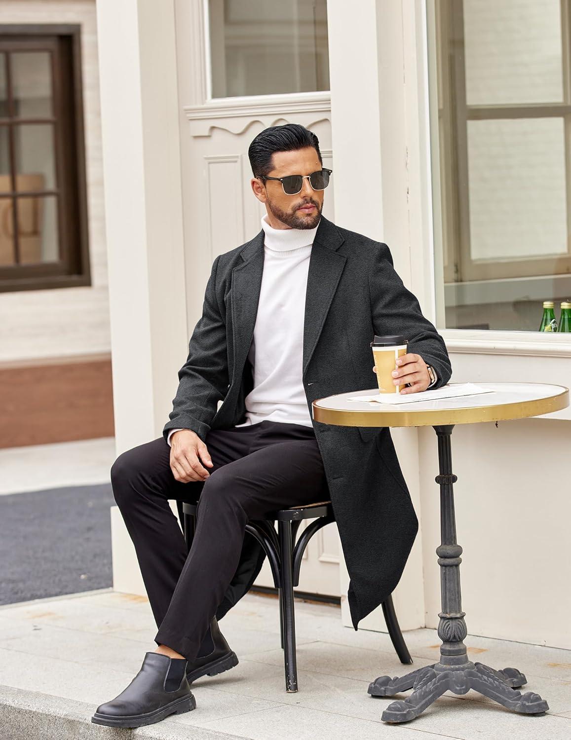 imageCOOFANDY Mens Trench Coat Long Casual Single Brested Overcoat Winter Notched Collar Wool Blend Pea coat With PocketsDark Grey