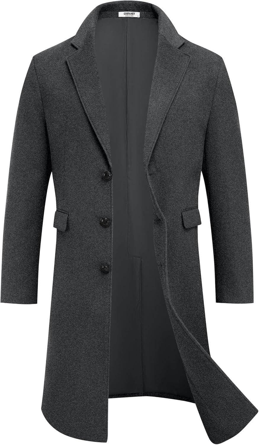 imageCOOFANDY Mens Trench Coat Long Casual Single Brested Overcoat Winter Notched Collar Wool Blend Pea coat With PocketsDark Grey