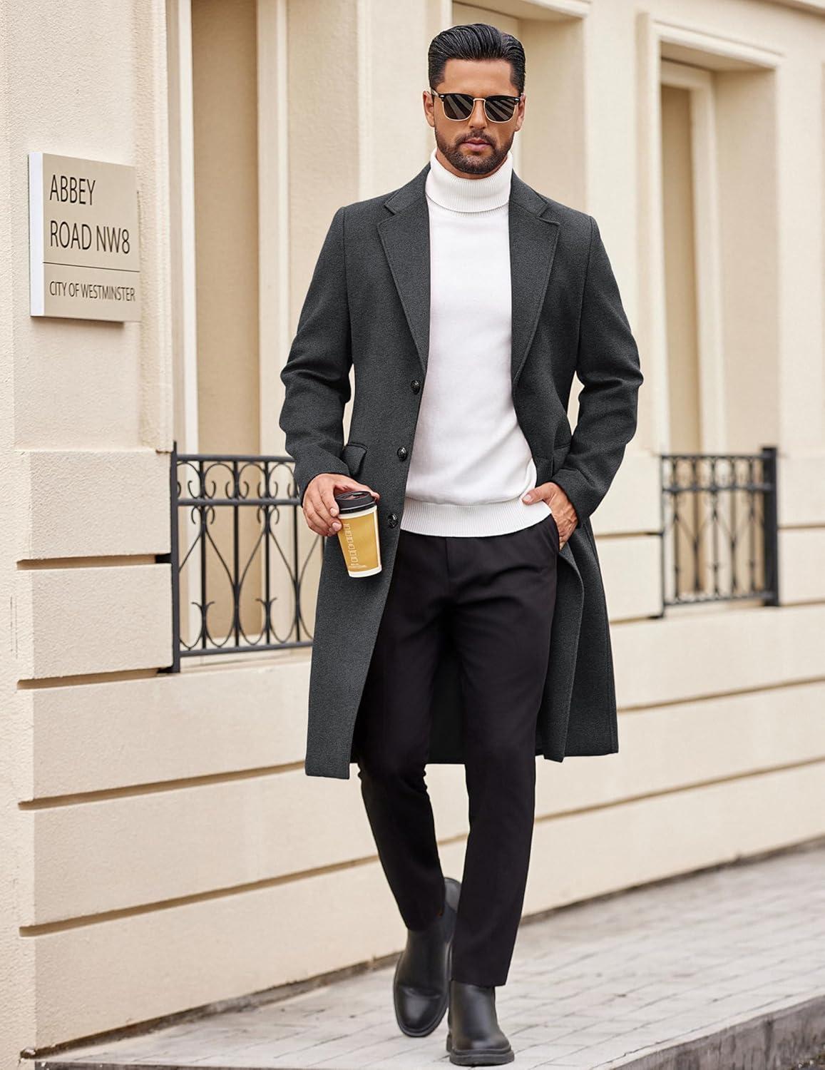 imageCOOFANDY Mens Trench Coat Long Casual Single Brested Overcoat Winter Notched Collar Wool Blend Pea coat With PocketsDark Grey