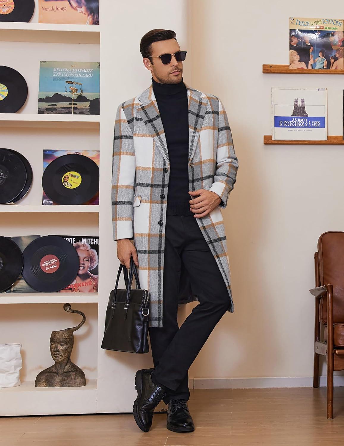 imageCOOFANDY Mens Trench Coat Long Casual Single Brested Overcoat Winter Notched Collar Wool Blend Pea coat With PocketsGrey Plaid