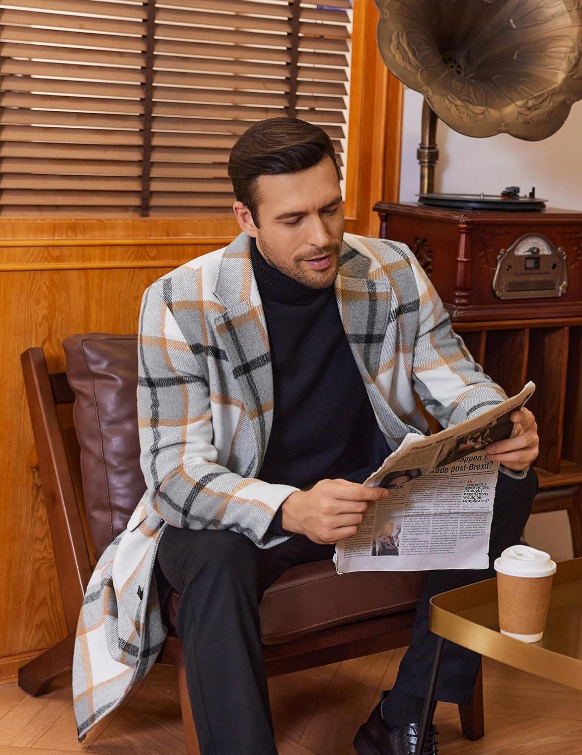 imageCOOFANDY Mens Trench Coat Long Casual Single Brested Overcoat Winter Notched Collar Wool Blend Pea coat With PocketsGrey Plaid