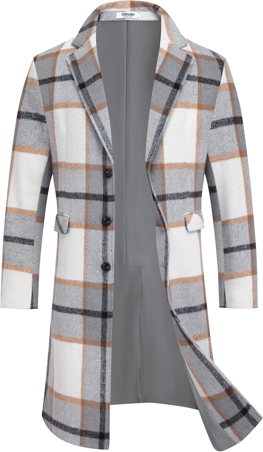 imageCOOFANDY Mens Trench Coat Long Casual Single Brested Overcoat Winter Notched Collar Wool Blend Pea coat With PocketsGrey Plaid