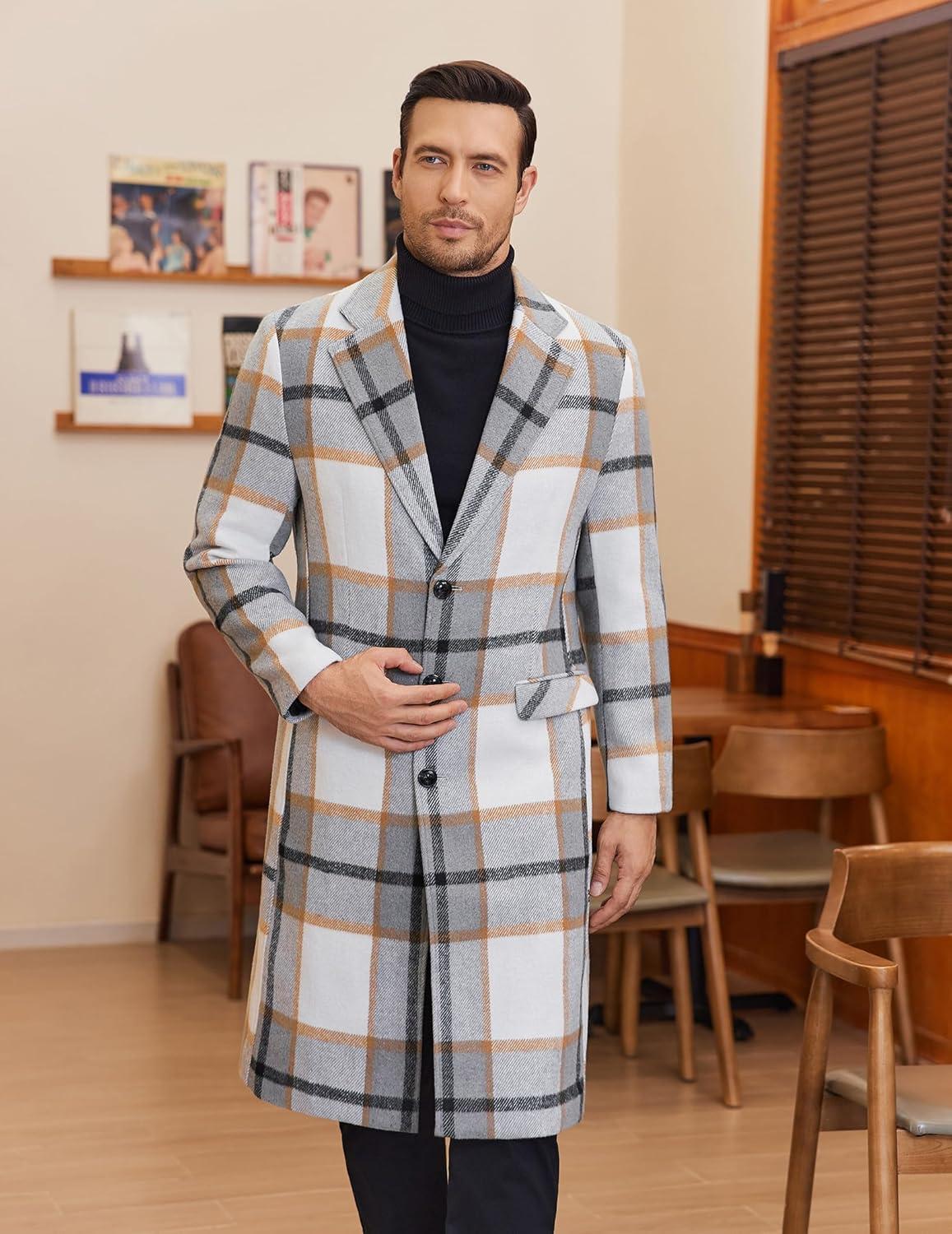 imageCOOFANDY Mens Trench Coat Long Casual Single Brested Overcoat Winter Notched Collar Wool Blend Pea coat With PocketsGrey Plaid