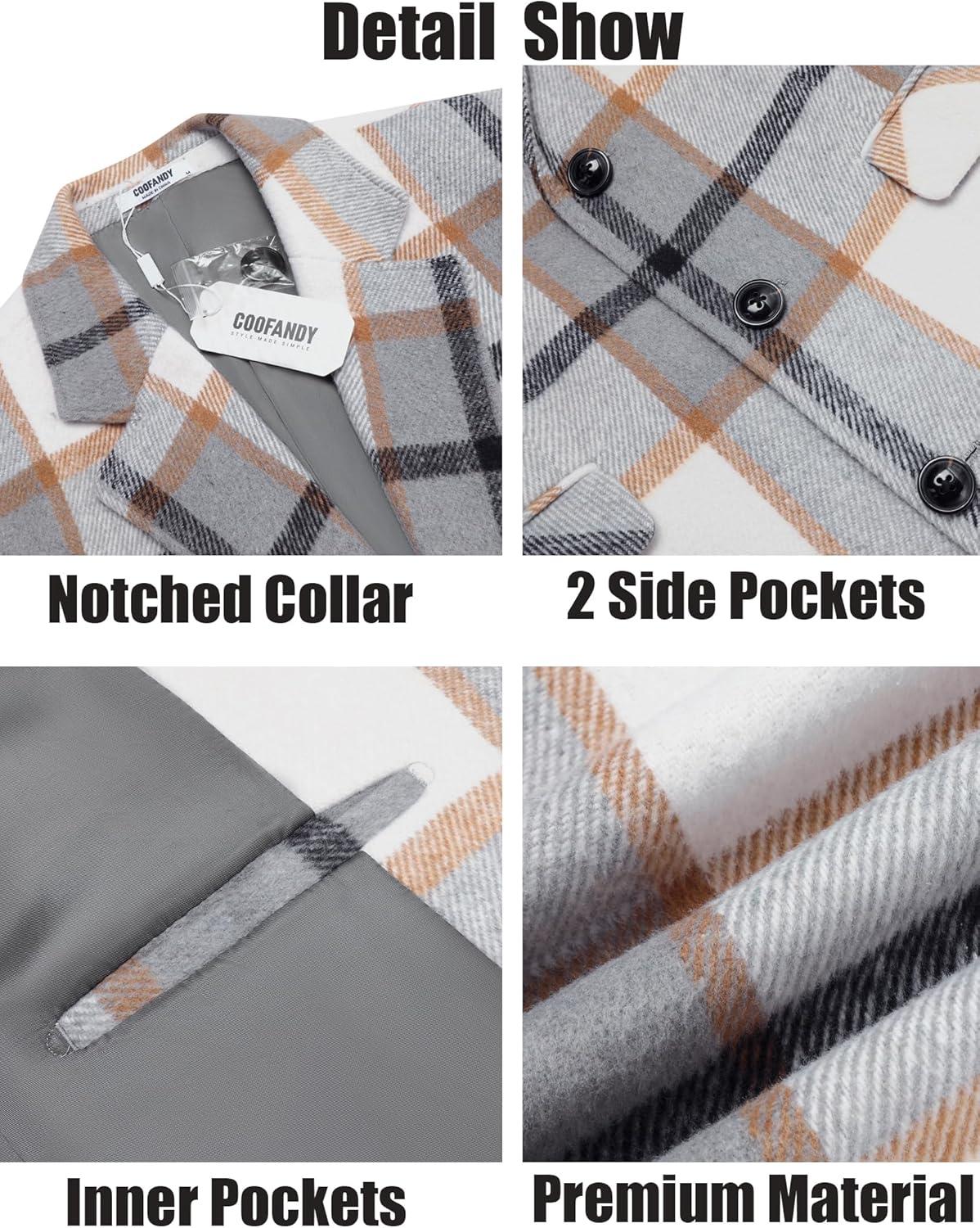 imageCOOFANDY Mens Trench Coat Long Casual Single Brested Overcoat Winter Notched Collar Wool Blend Pea coat With PocketsGrey Plaid