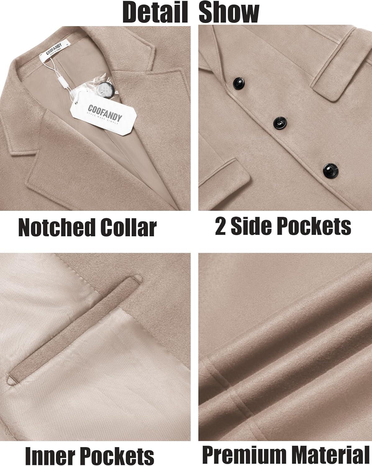 imageCOOFANDY Mens Trench Coat Long Casual Single Brested Overcoat Winter Notched Collar Wool Blend Pea coat With PocketsKhaki