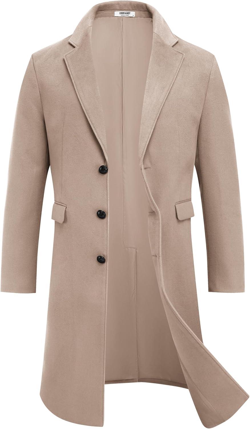 imageCOOFANDY Mens Trench Coat Long Casual Single Brested Overcoat Winter Notched Collar Wool Blend Pea coat With PocketsKhaki