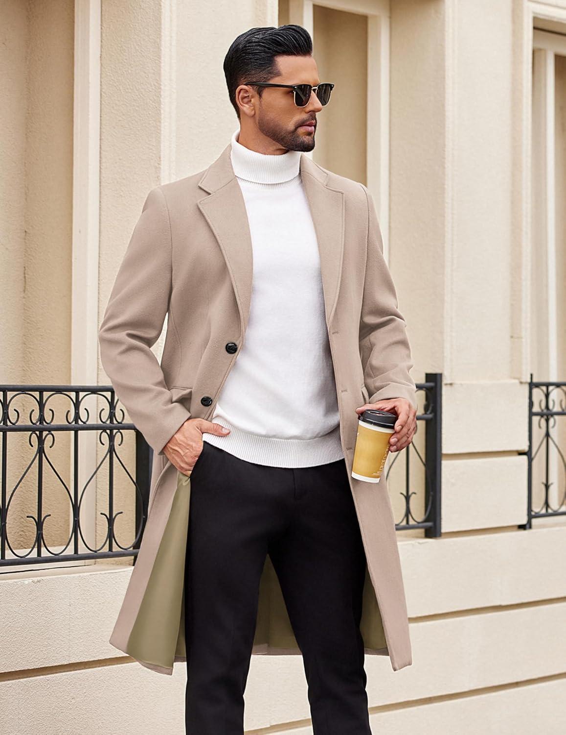 imageCOOFANDY Mens Trench Coat Long Casual Single Brested Overcoat Winter Notched Collar Wool Blend Pea coat With PocketsKhaki