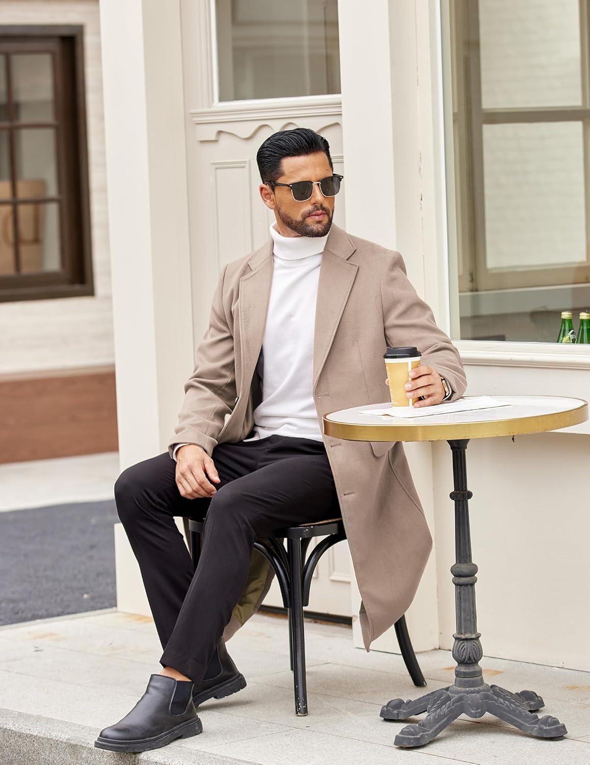 imageCOOFANDY Mens Trench Coat Long Casual Single Brested Overcoat Winter Notched Collar Wool Blend Pea coat With PocketsKhaki