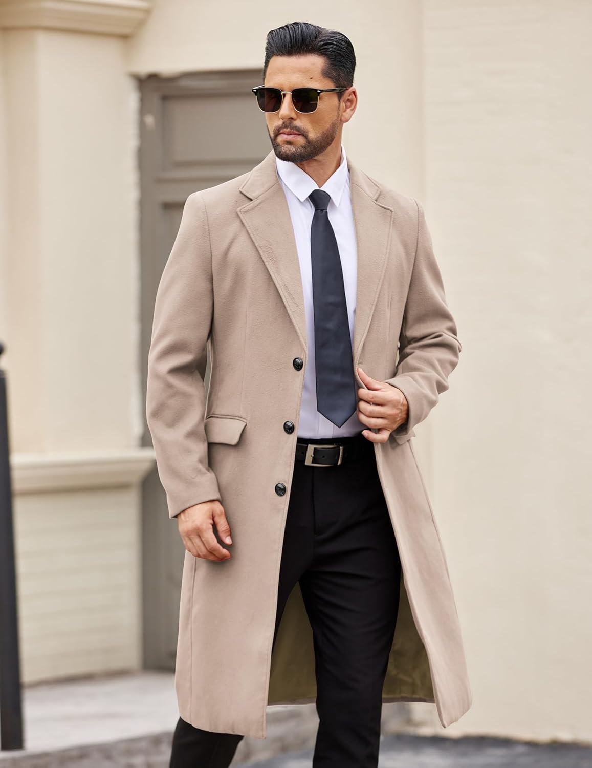 imageCOOFANDY Mens Trench Coat Long Casual Single Brested Overcoat Winter Notched Collar Wool Blend Pea coat With PocketsKhaki