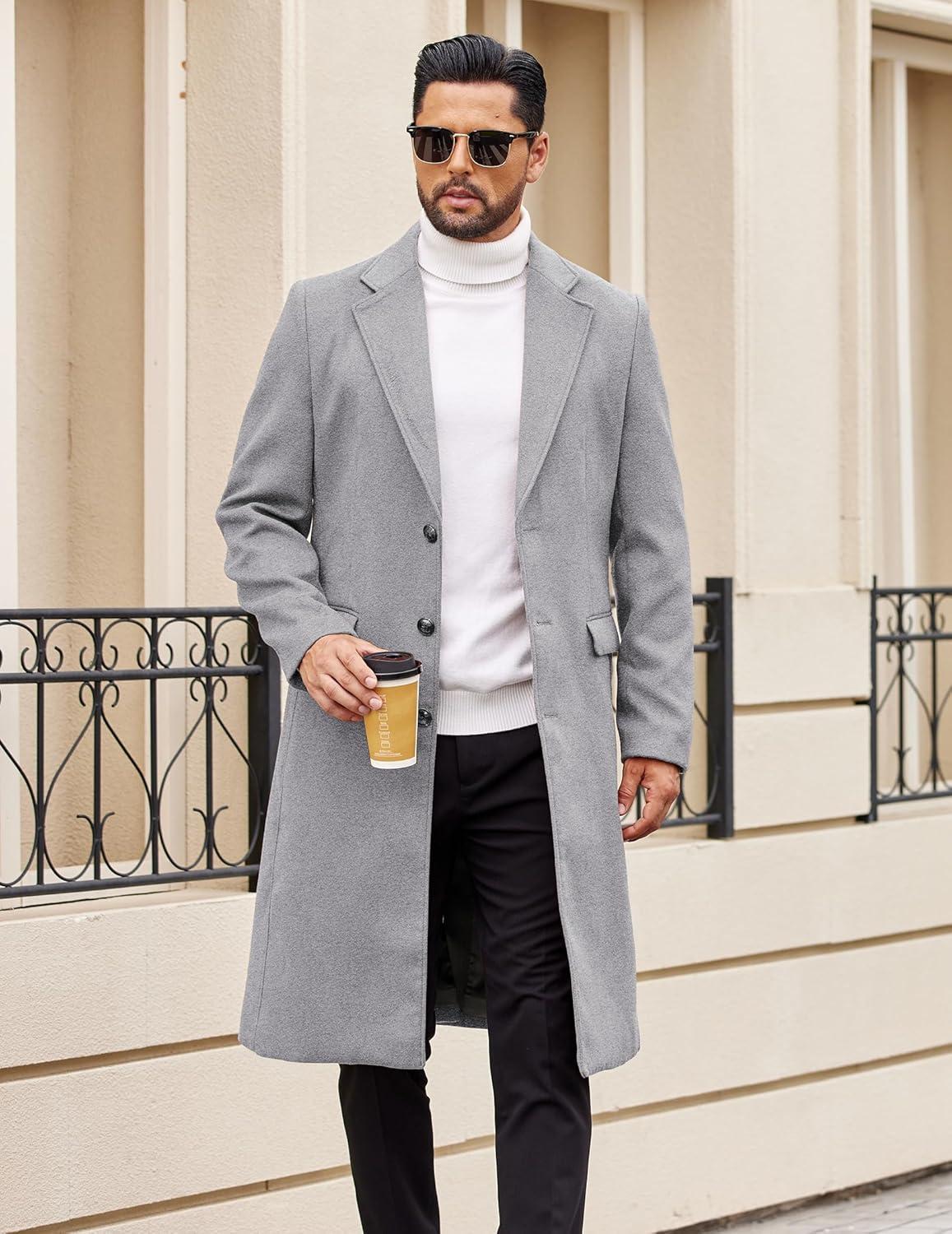 imageCOOFANDY Mens Trench Coat Long Casual Single Brested Overcoat Winter Notched Collar Wool Blend Pea coat With PocketsLight Grey