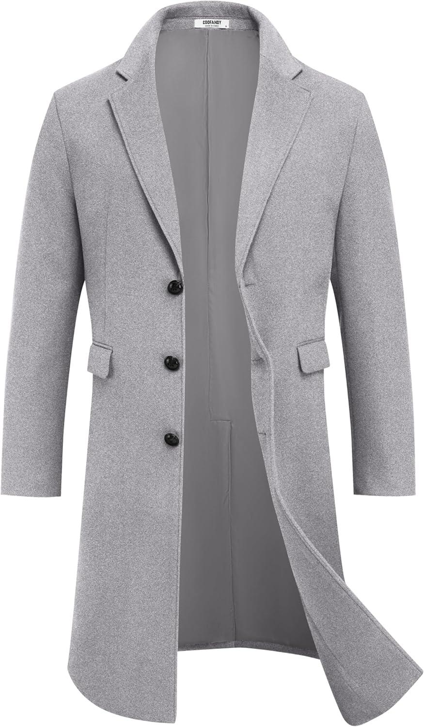 imageCOOFANDY Mens Trench Coat Long Casual Single Brested Overcoat Winter Notched Collar Wool Blend Pea coat With PocketsLight Grey