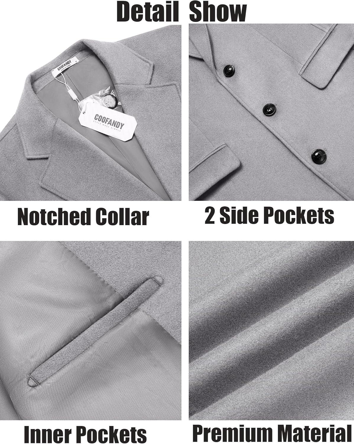 imageCOOFANDY Mens Trench Coat Long Casual Single Brested Overcoat Winter Notched Collar Wool Blend Pea coat With PocketsLight Grey