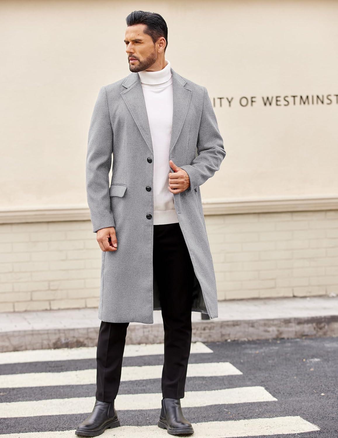 imageCOOFANDY Mens Trench Coat Long Casual Single Brested Overcoat Winter Notched Collar Wool Blend Pea coat With PocketsLight Grey