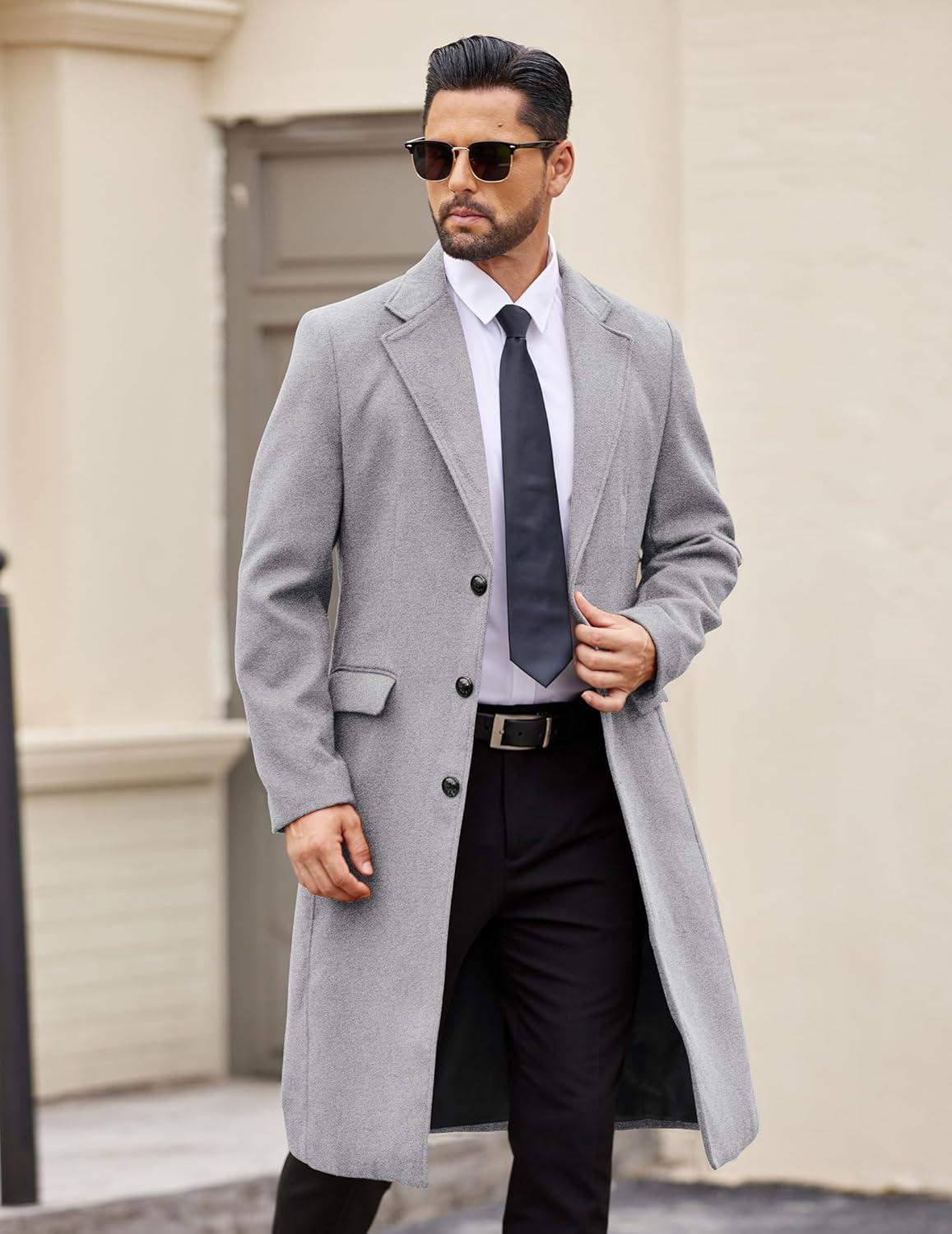 imageCOOFANDY Mens Trench Coat Long Casual Single Brested Overcoat Winter Notched Collar Wool Blend Pea coat With PocketsLight Grey