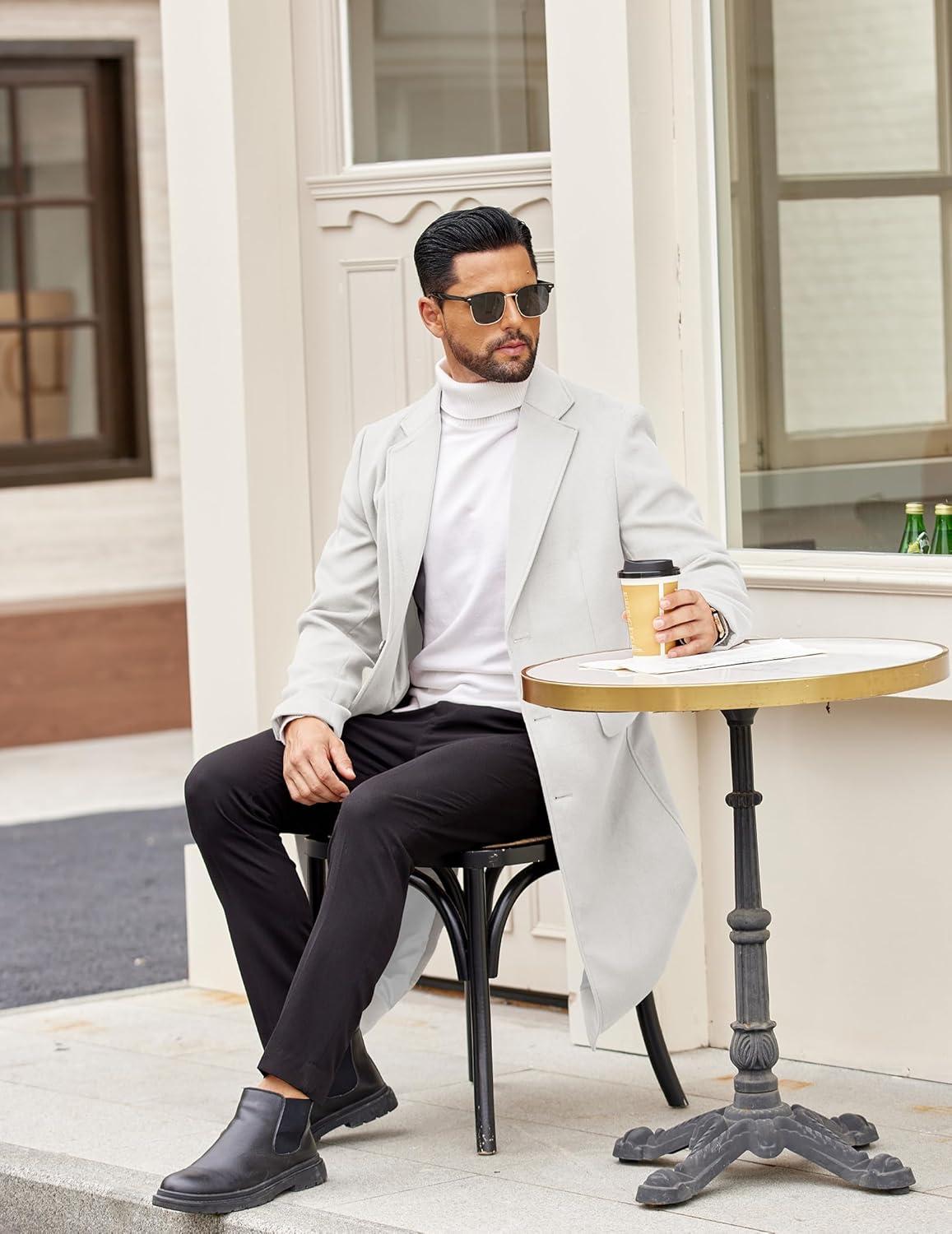 imageCOOFANDY Mens Trench Coat Long Casual Single Brested Overcoat Winter Notched Collar Wool Blend Pea coat With PocketsWhite