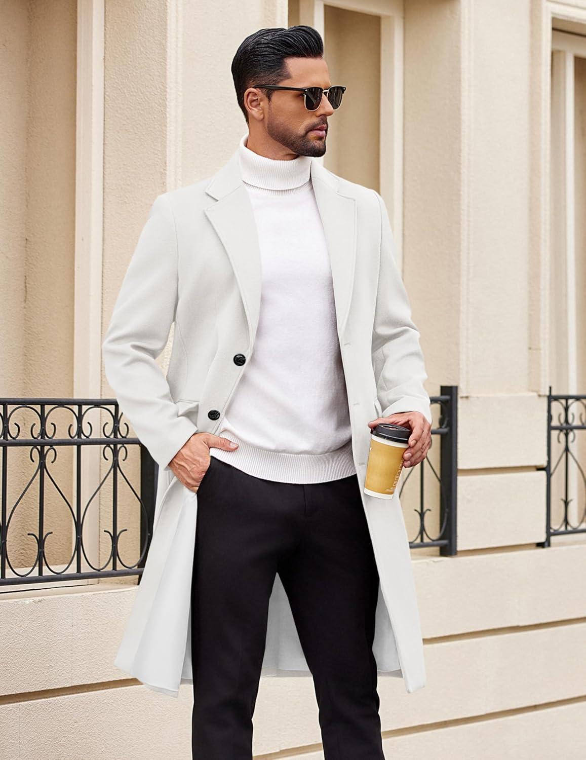 imageCOOFANDY Mens Trench Coat Long Casual Single Brested Overcoat Winter Notched Collar Wool Blend Pea coat With PocketsWhite