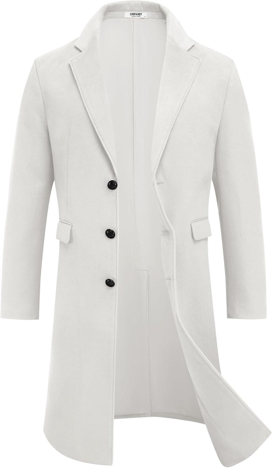 imageCOOFANDY Mens Trench Coat Long Casual Single Brested Overcoat Winter Notched Collar Wool Blend Pea coat With PocketsWhite