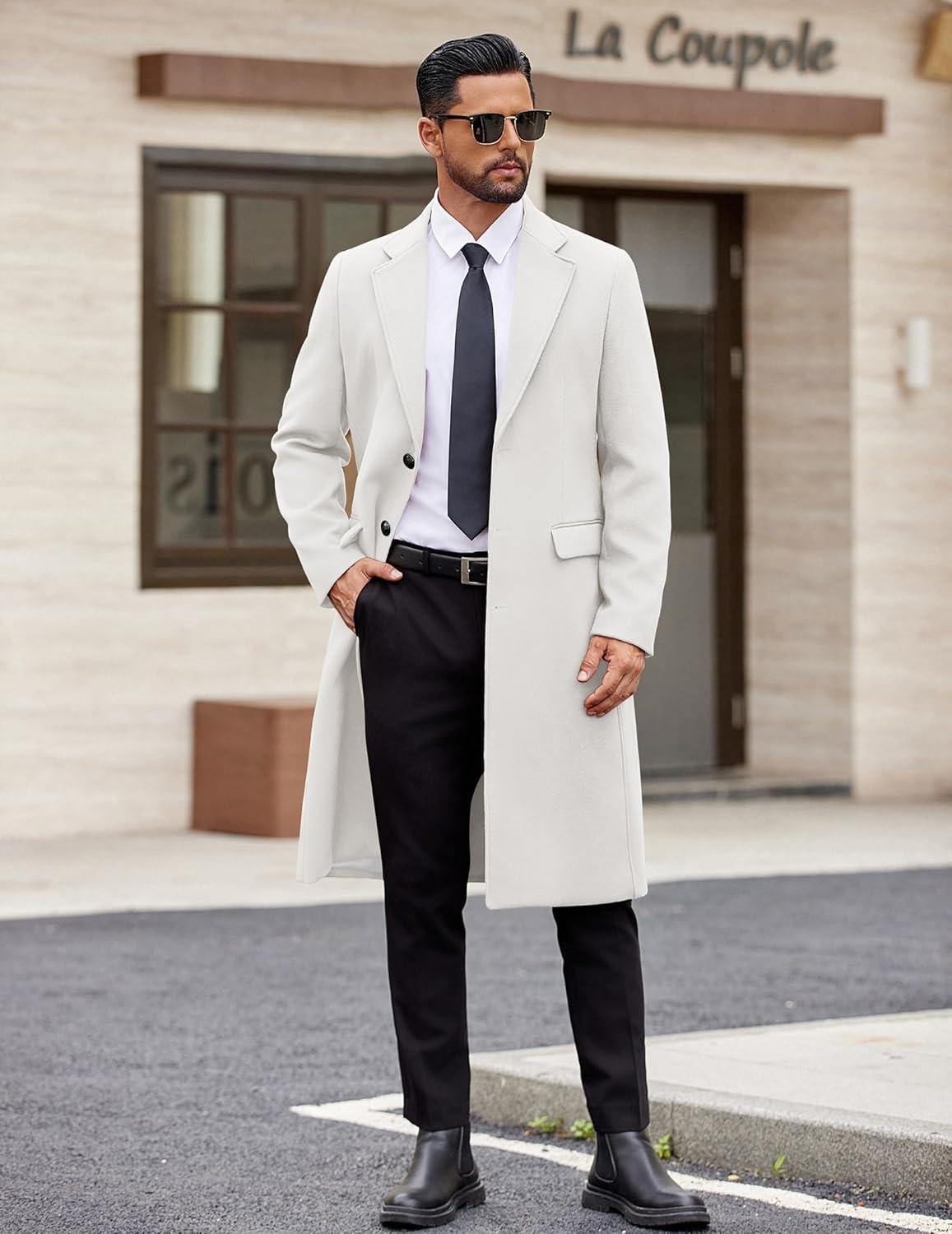 imageCOOFANDY Mens Trench Coat Long Casual Single Brested Overcoat Winter Notched Collar Wool Blend Pea coat With PocketsWhite