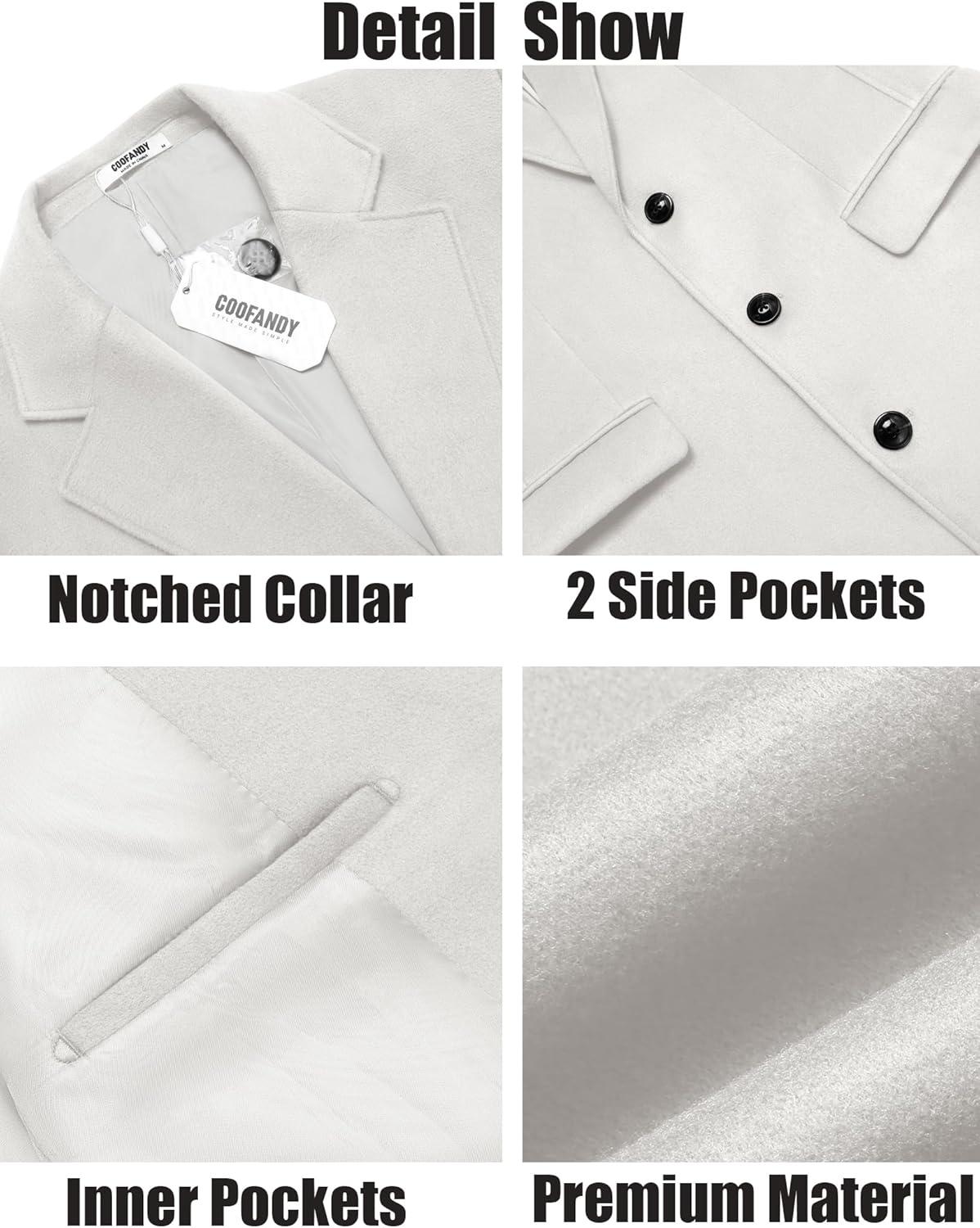 imageCOOFANDY Mens Trench Coat Long Casual Single Brested Overcoat Winter Notched Collar Wool Blend Pea coat With PocketsWhite
