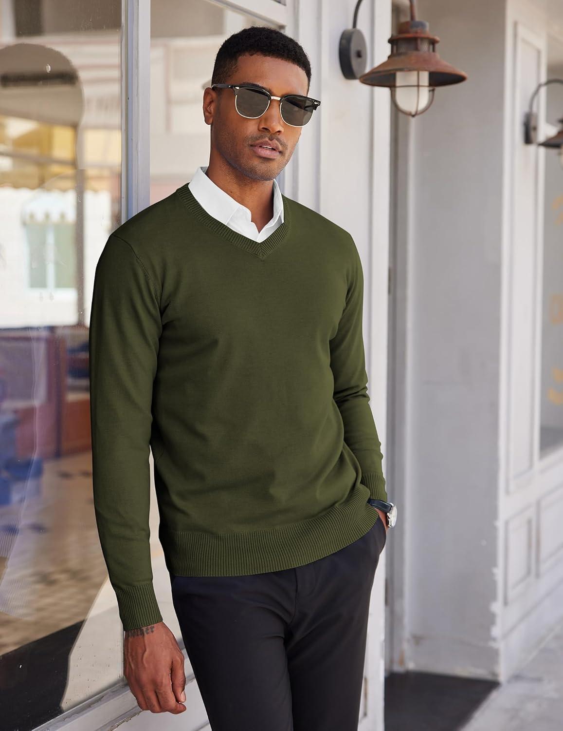 imageCOOFANDY Mens V Neck Sweater Lightweight Knitted Pullover SweatersArmy Green