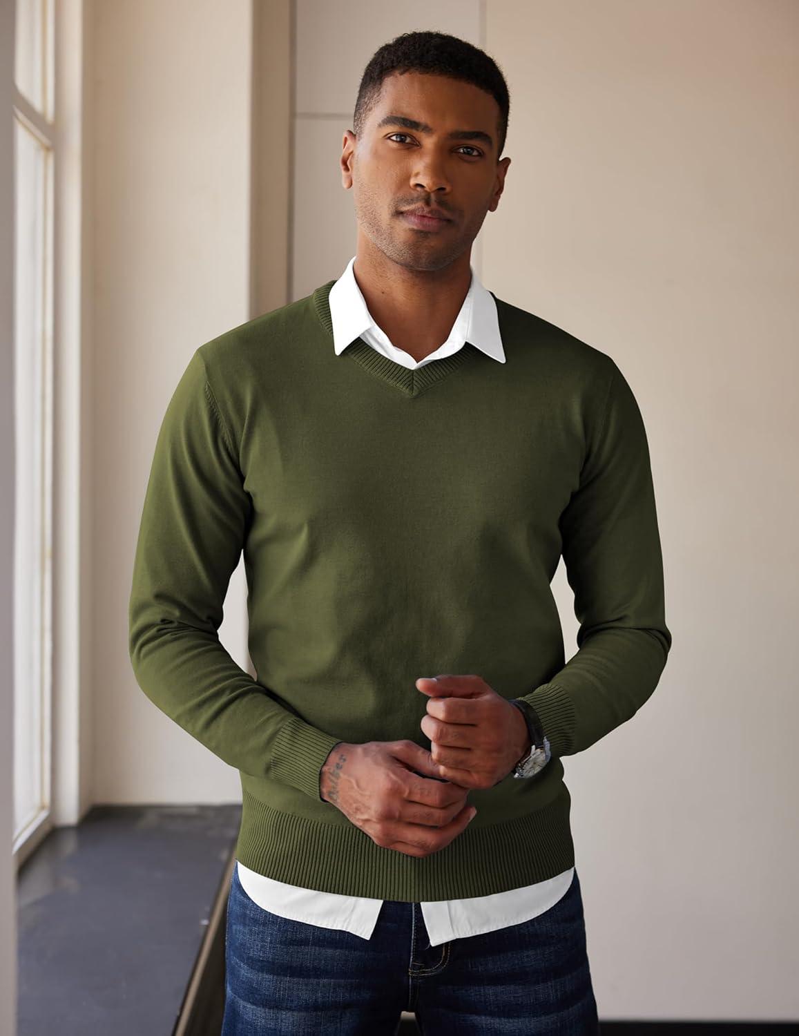 imageCOOFANDY Mens V Neck Sweater Lightweight Knitted Pullover SweatersArmy Green