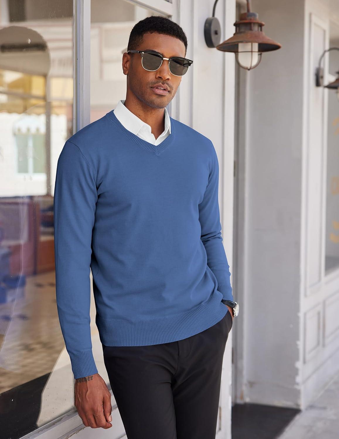 imageCOOFANDY Mens V Neck Sweater Lightweight Knitted Pullover SweatersDenim Blue