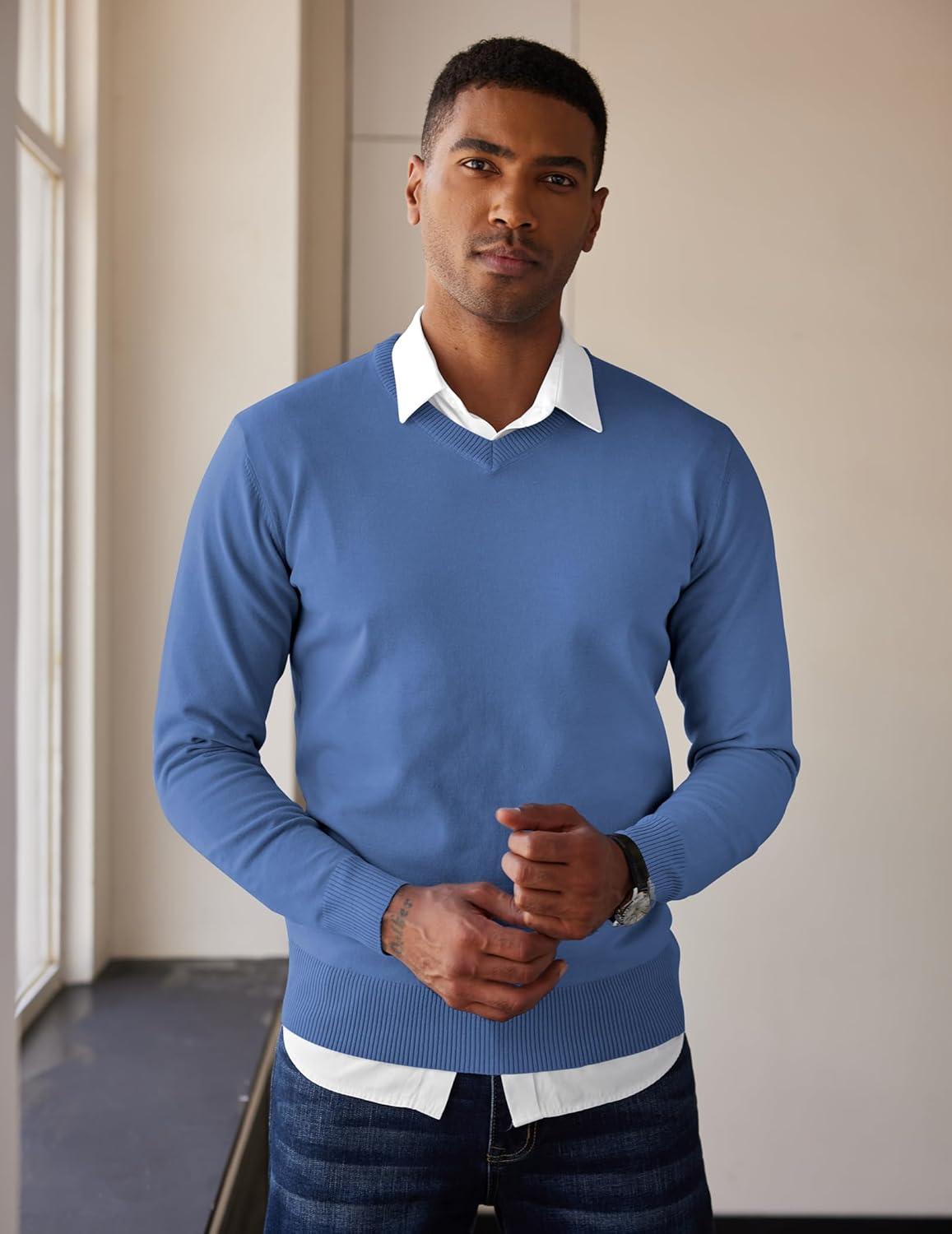 imageCOOFANDY Mens V Neck Sweater Lightweight Knitted Pullover SweatersDenim Blue
