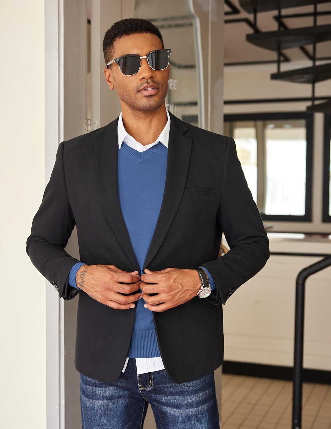 imageCOOFANDY Mens V Neck Sweater Lightweight Knitted Pullover SweatersDenim Blue