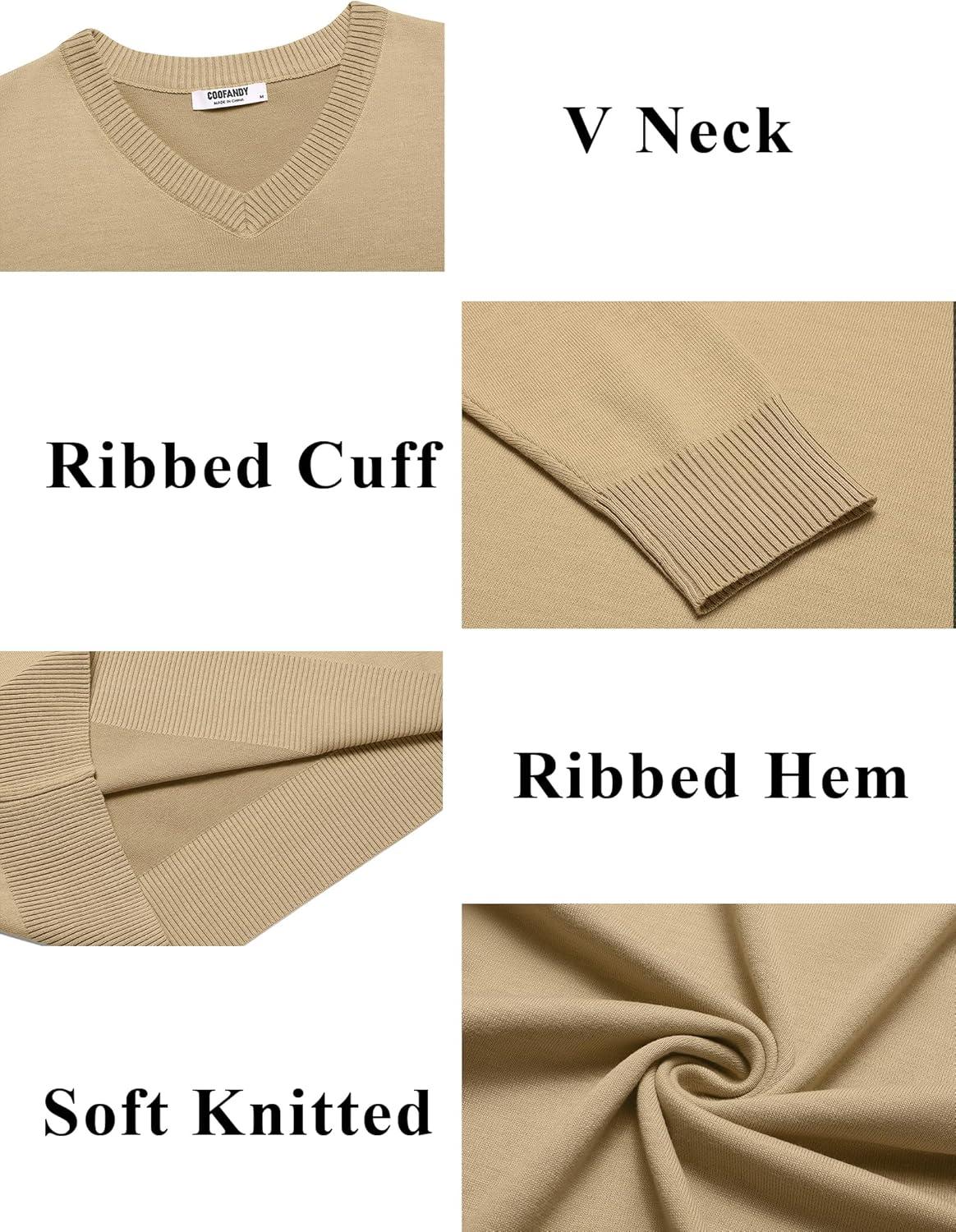 imageCOOFANDY Mens V Neck Sweater Lightweight Knitted Pullover SweatersKhaki