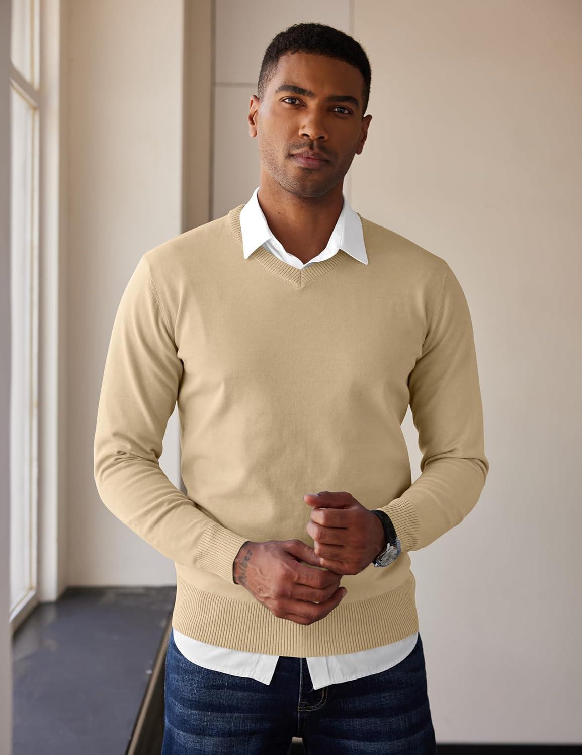 imageCOOFANDY Mens V Neck Sweater Lightweight Knitted Pullover SweatersKhaki