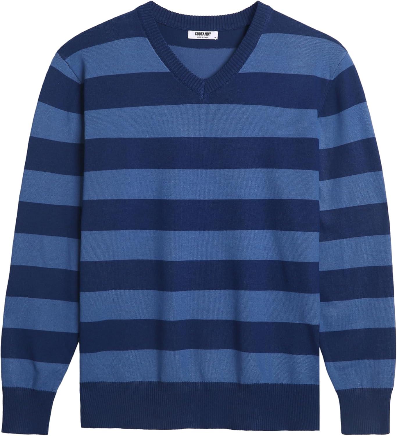 imageCOOFANDY Mens V Neck Sweater Lightweight Knitted Pullover SweatersNavystriped
