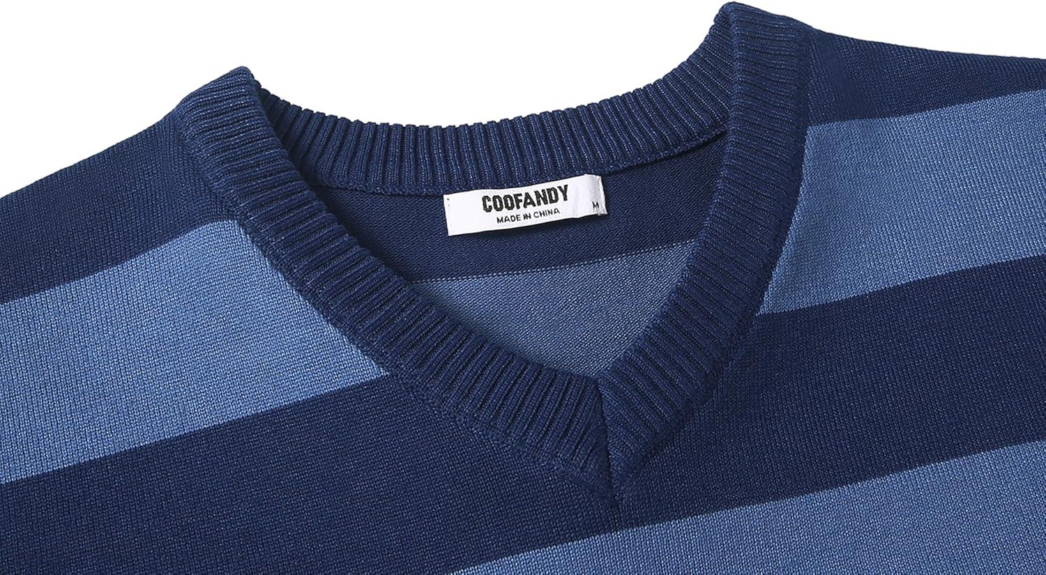 imageCOOFANDY Mens V Neck Sweater Lightweight Knitted Pullover SweatersNavystriped